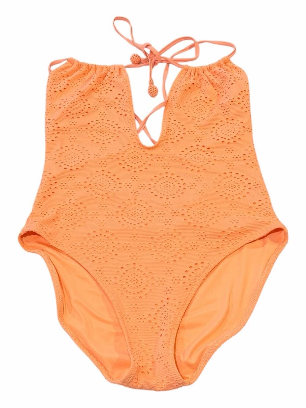 AERIE Eyelet Lace Plunge One Piece Swimsuit Peach Orange Halter Medium